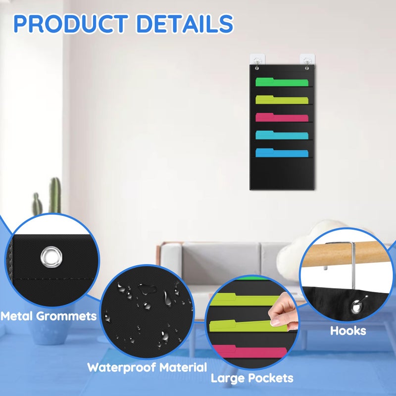ZKOO 5 Pockets Hanging Wall File Organizer for A4 Size Paper/Legal/Letter Size Document, Sturdy Wall Mail Organizer Black Pocket Chart Great for Classroom, Office, Home Use with 2 Hangers - Image 3
